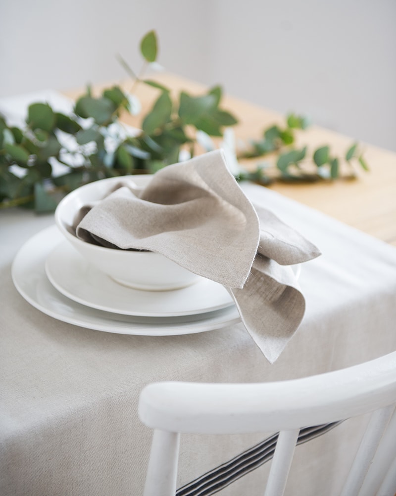 Cotton and linen provicnial stripe tablecloth and kinsail napkins, woven at the Mungo Mill in Plettenberg Bay