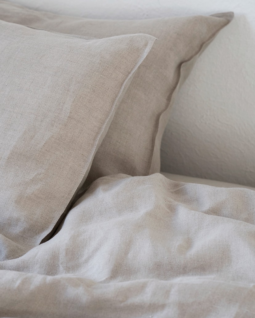 Detail of the natural flax colourway of the Mungo Kamma linen. Our luxury 100% linen bedding woven at our mill in Plettenberg Bay.