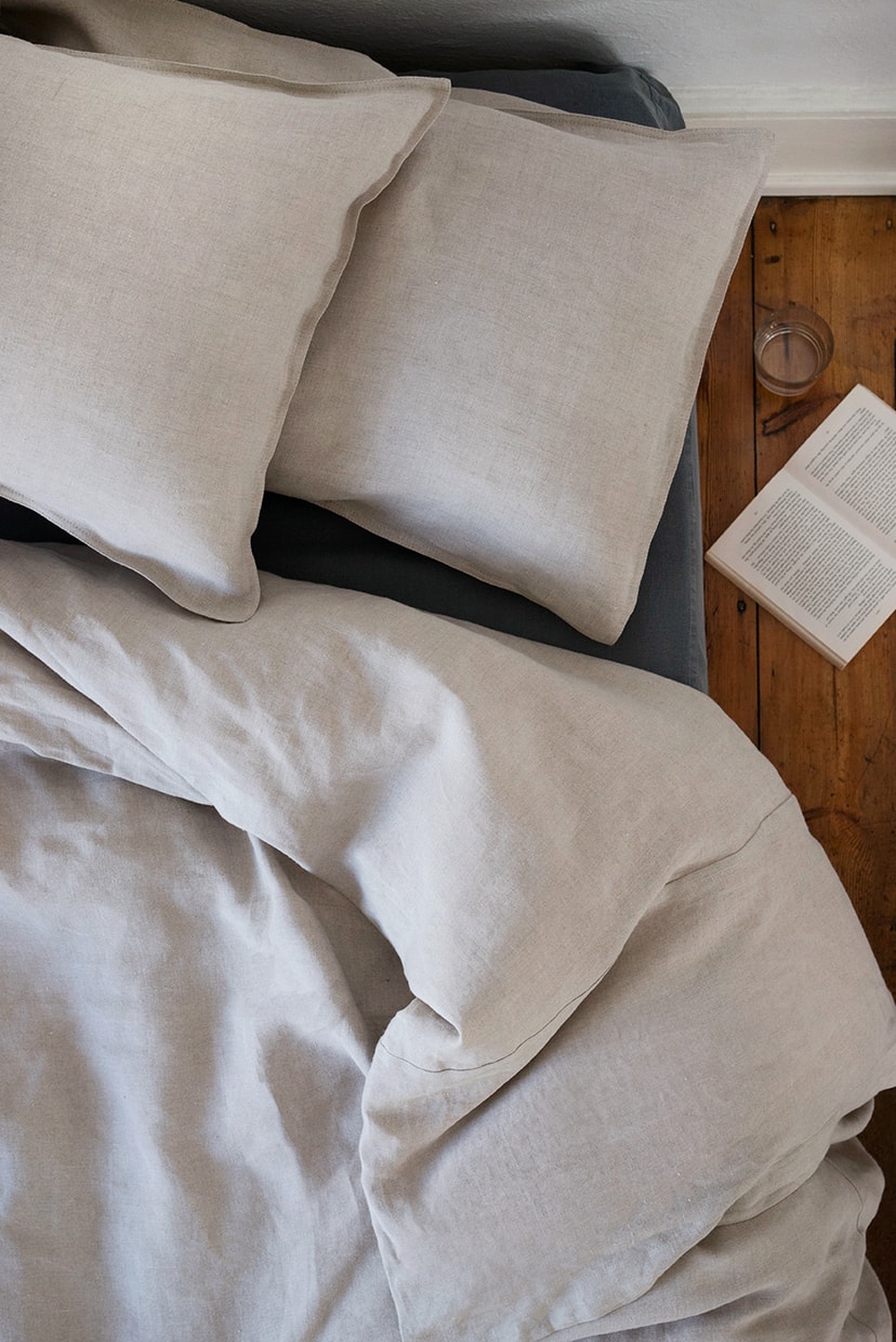 The natural flax colourway of the Mungo Kamma linen. Our luxury 100% linen bedding woven at our mill in Plettenberg Bay.