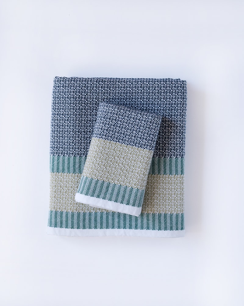 Mungo Bijou Towel in Lido. Compact, colourful, cotton flat weave towel designed, woven & made at the Mungo Mill in South Africa